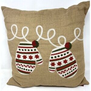 Burlap Embroidered Christmas Accent Pillow Red Green and White Mittens 18” X 18”